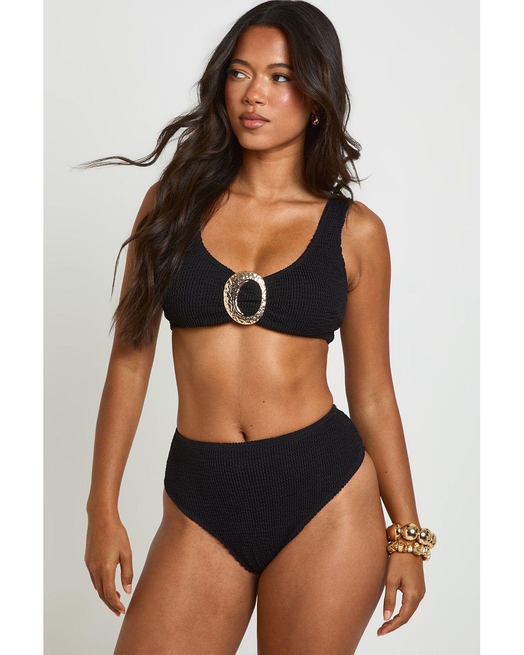 Boohoo Black Textured Trim Scoop Neck Bikini Top & High Waist Bottoms