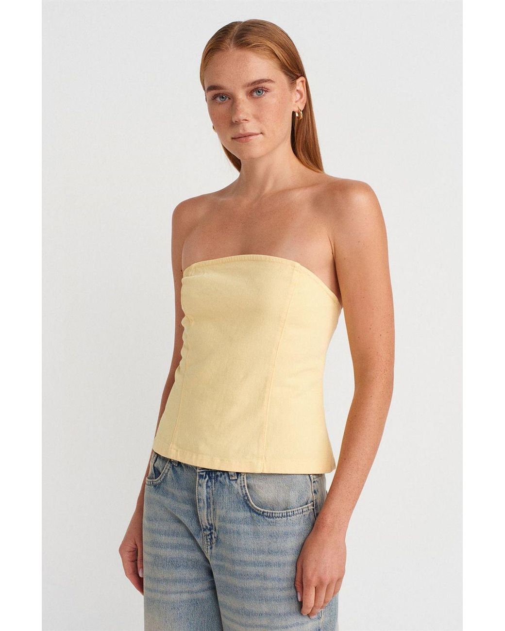 Dilvin Strapless Getailleerde Peplum Blouse in het Yellow
