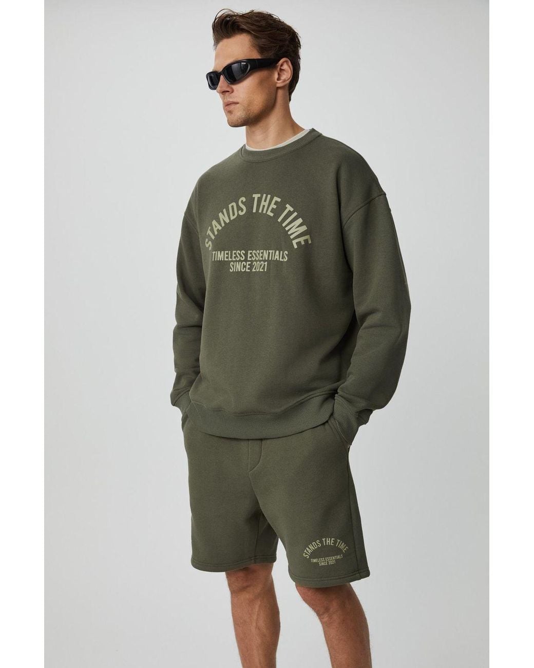Grimelange Green Oversized Printed Crew Neck Sweatshirt for men