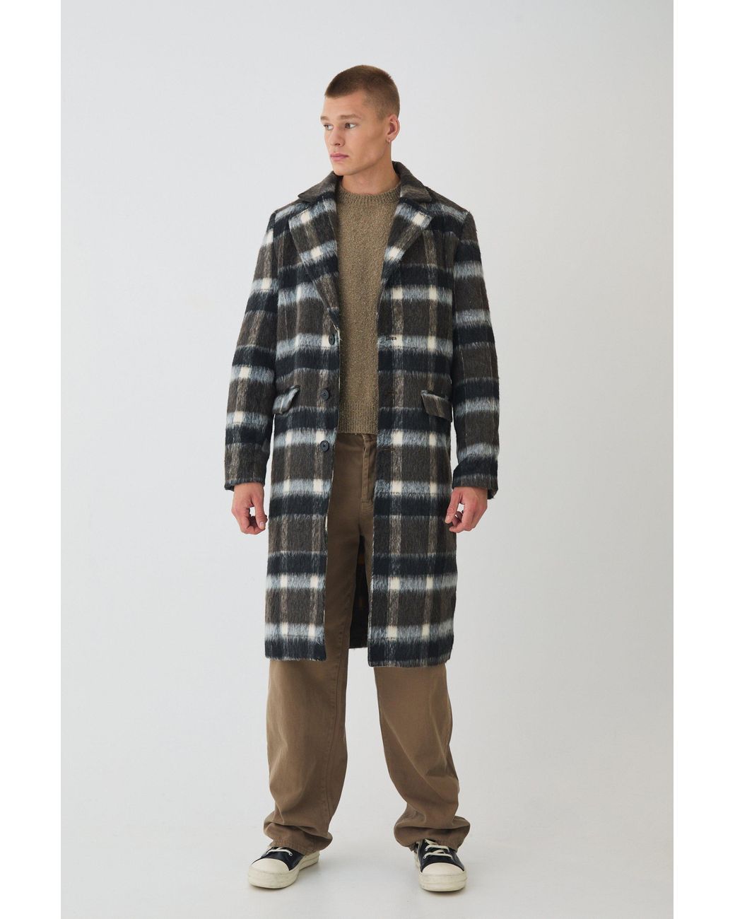 BoohooMAN Blue Brushed Plaid Overcoat for men