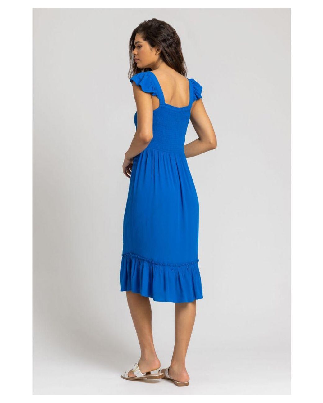 Roman Blue Shirred Bodice Frill Detail Midi Dress
