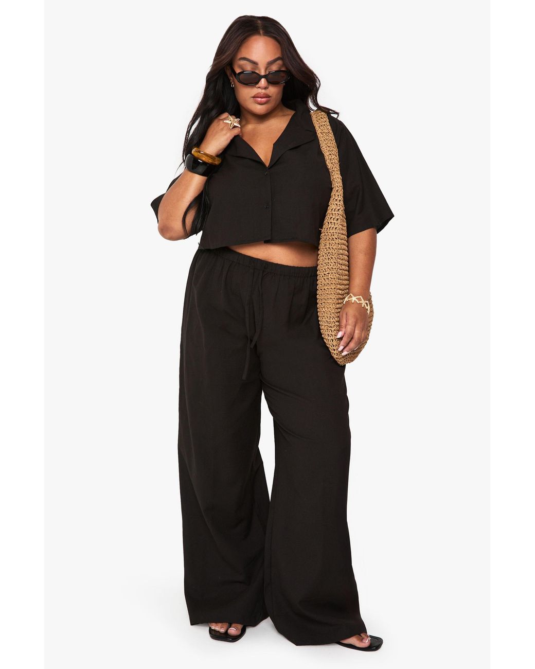 Boohoo Black Plus Linen Longline Crop Shirt & Trouser Co Ord