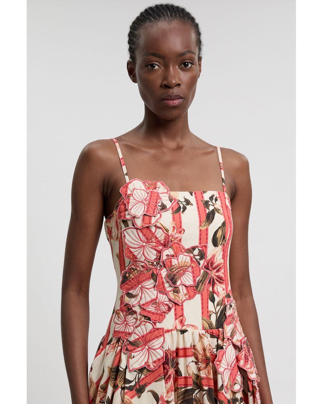 Karen Millen White Cotton Linen Printed 3D Floral Bubble Hem Midi Dress