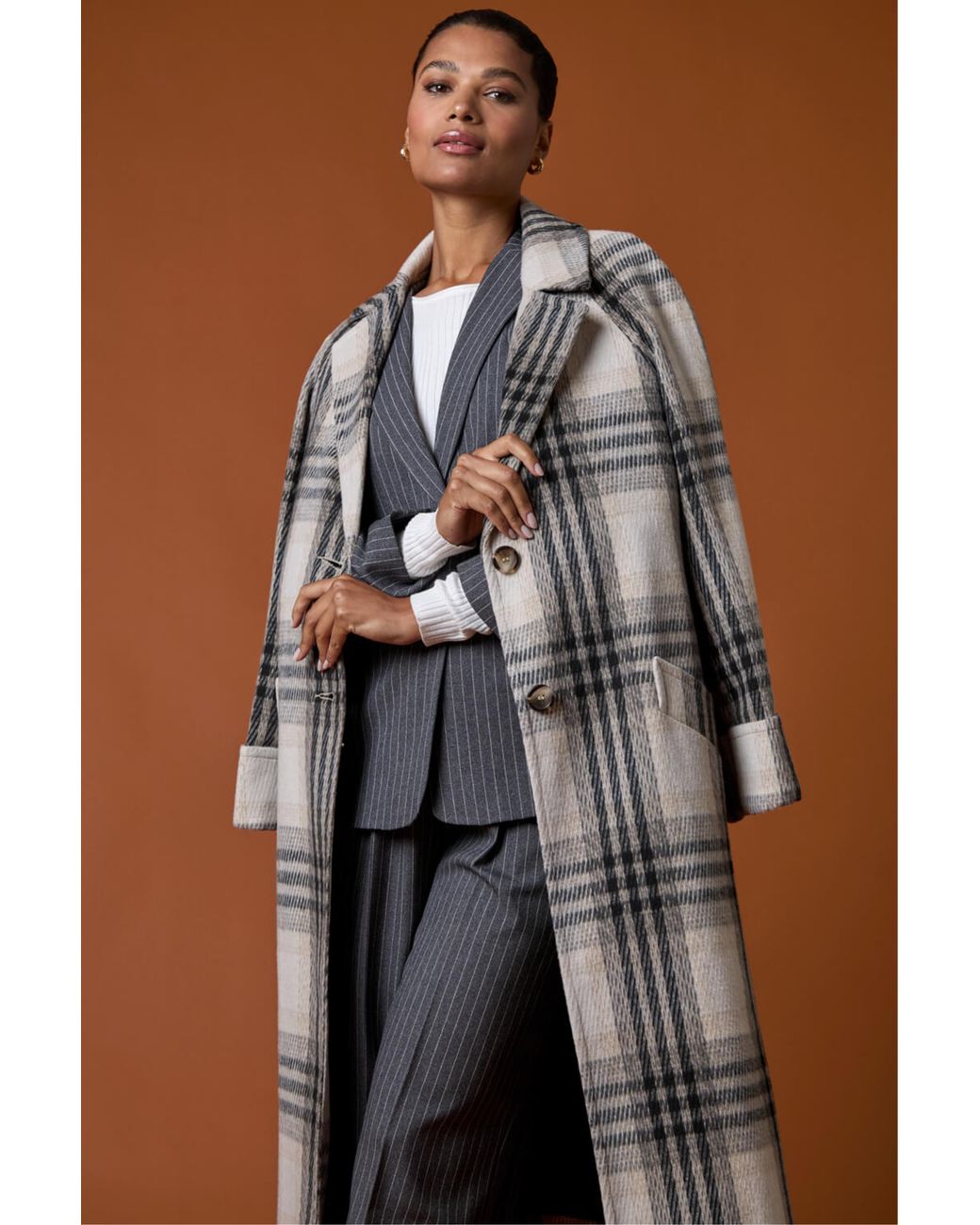 Roman Blue Check Print Longline Coat