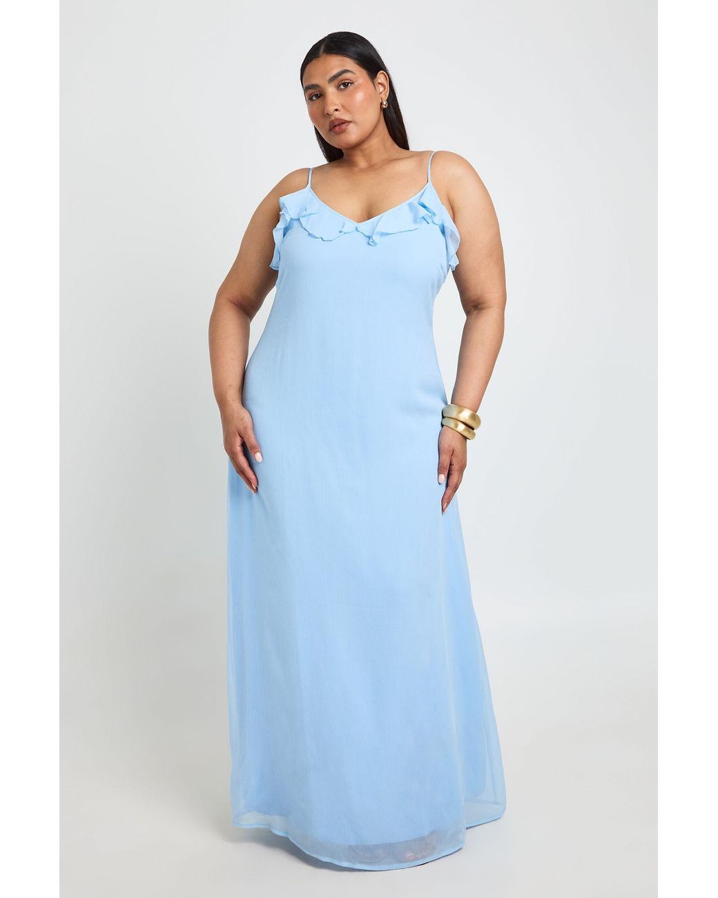 Boohoo Blue Plus Chiffon Ruffle Detail Maxi Dress