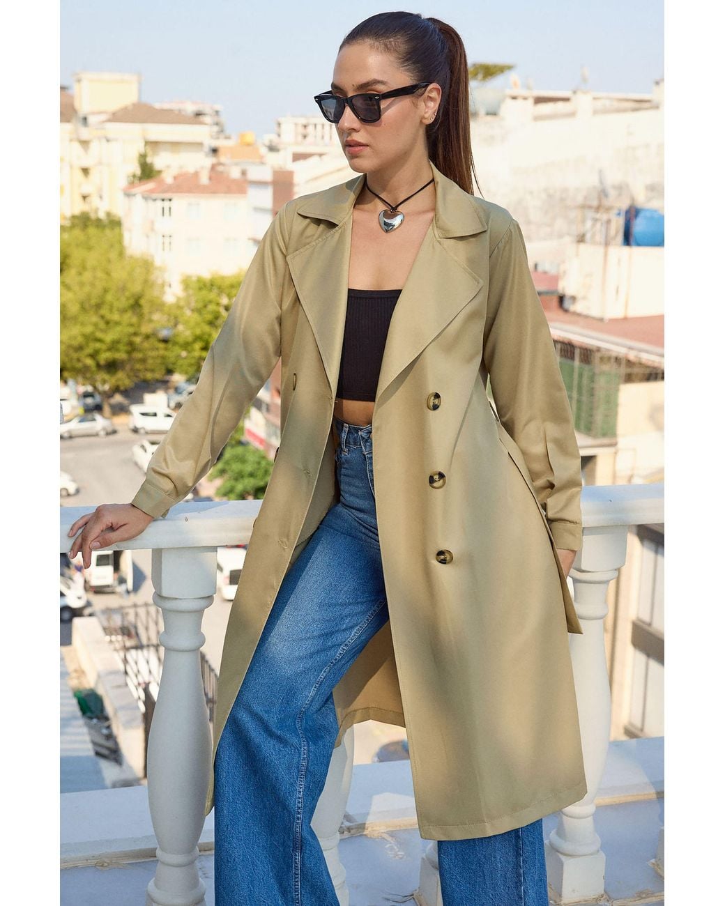 Bigdart Blue Double Breasted Long Trench Coat