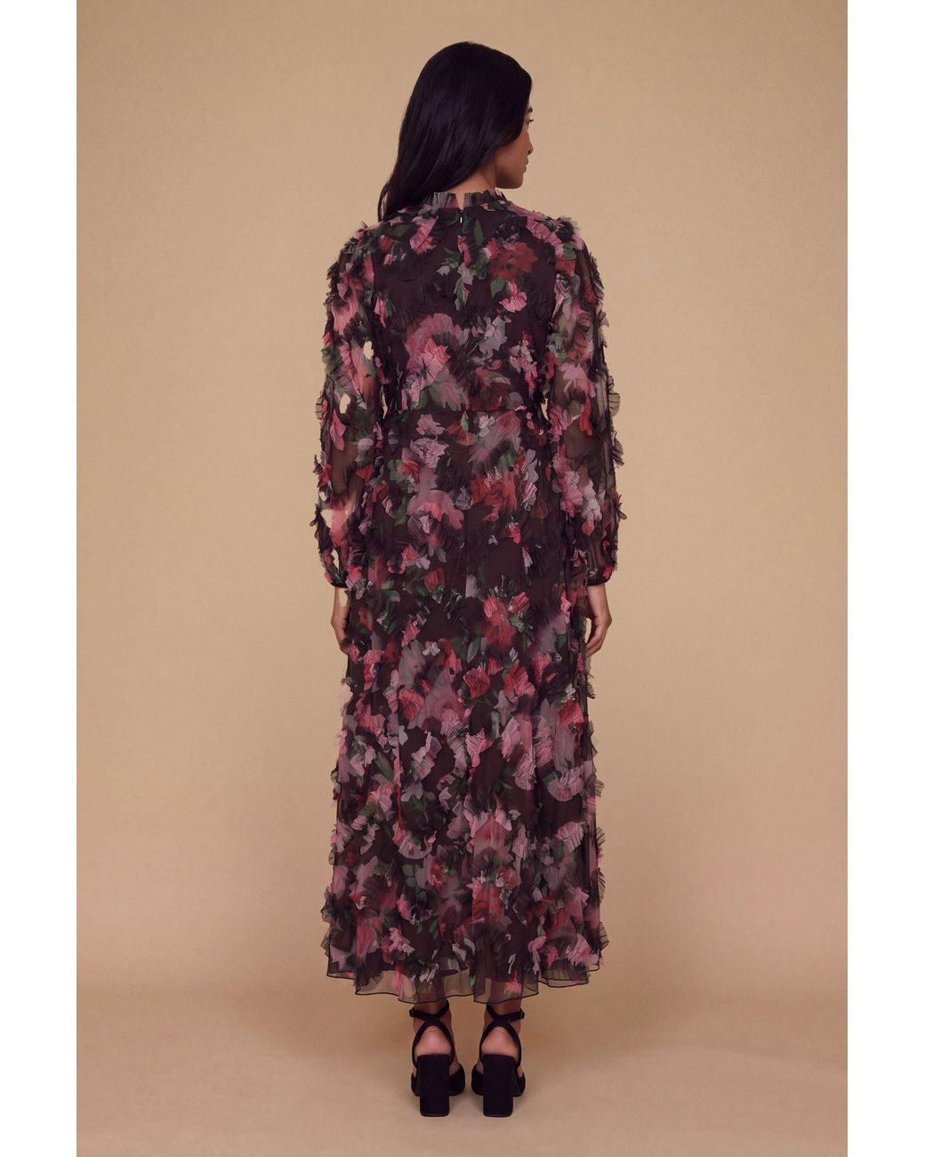 Oasis Brown Petite Long Sleeve Printed Mesh Midi Dress