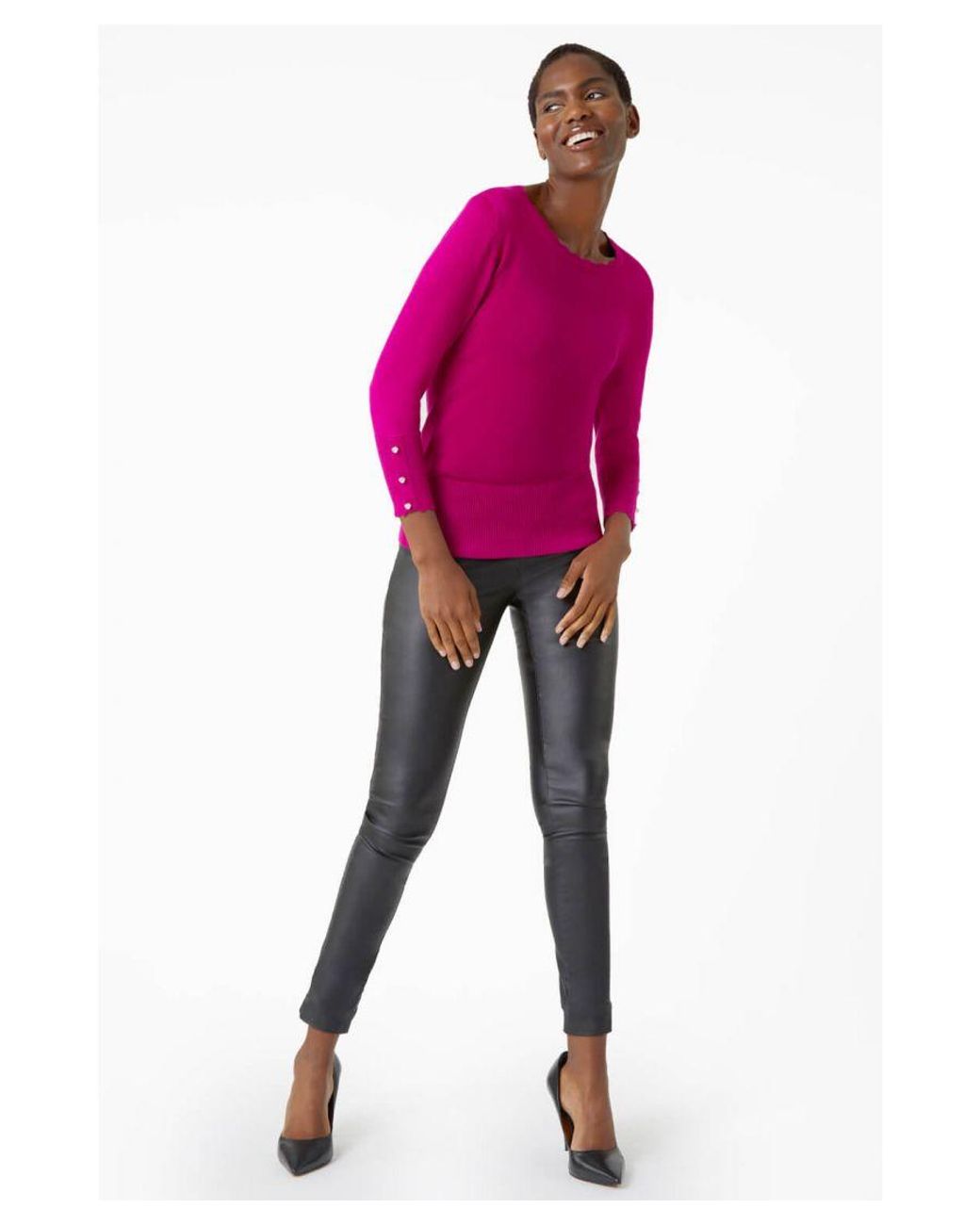 Roman Pink Diamante Button Scallop Edge Jumper