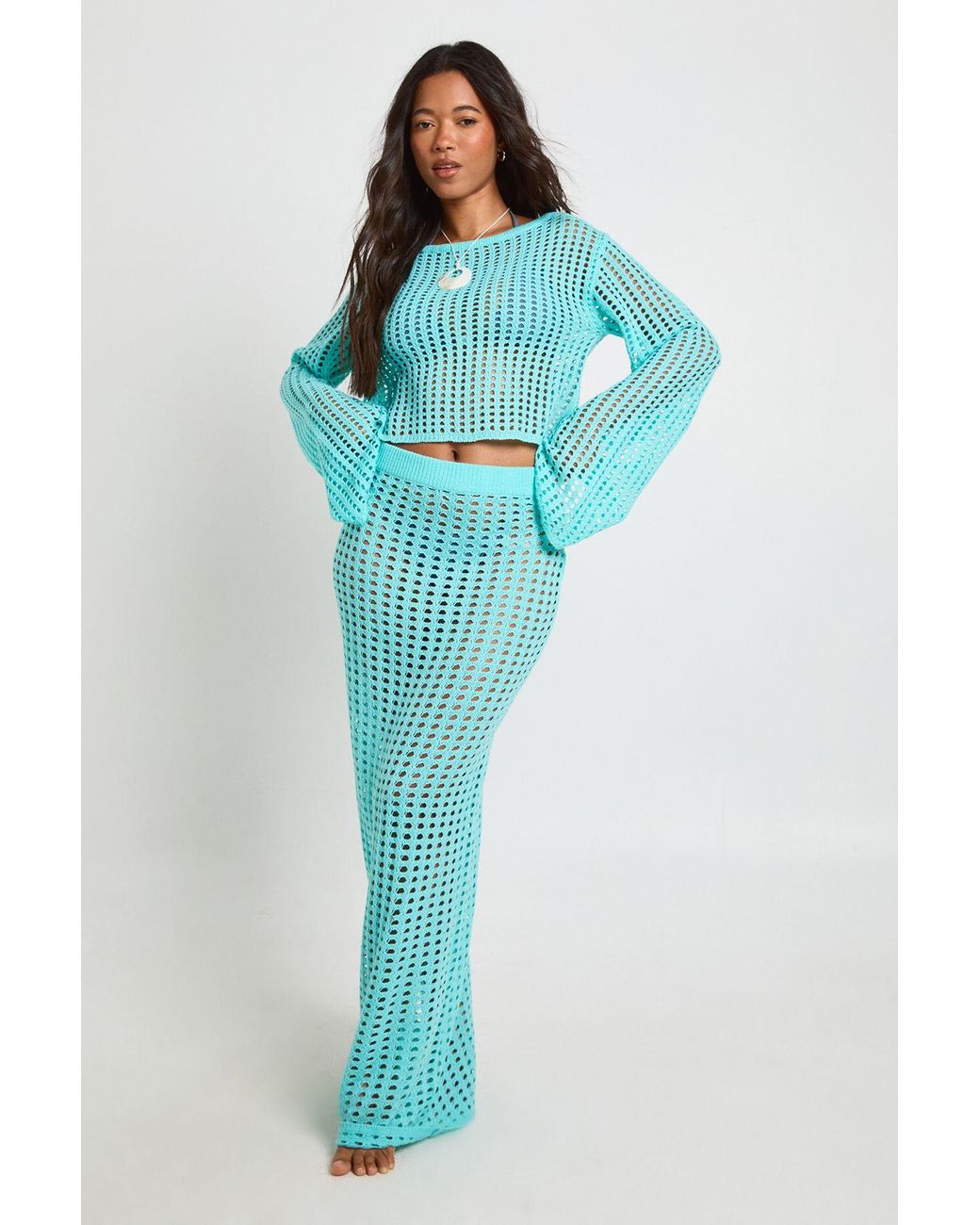 Boohoo Blue Crochet Knit Maxi Skirt