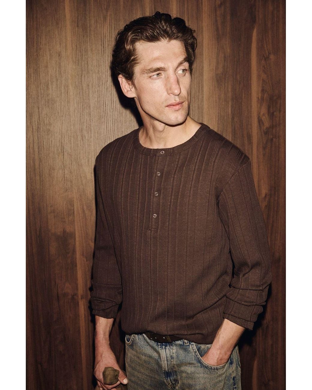 Grimelange Brown Button Crew Neck T-Shirt for men