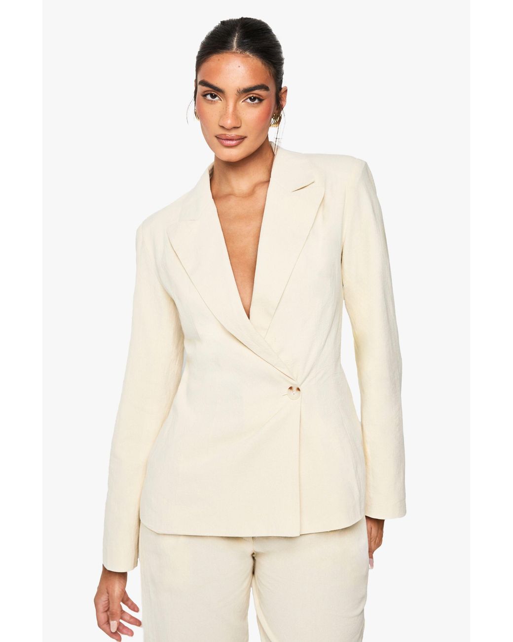 Boohoo Natural Linen Fitted Wrap Front Blazer