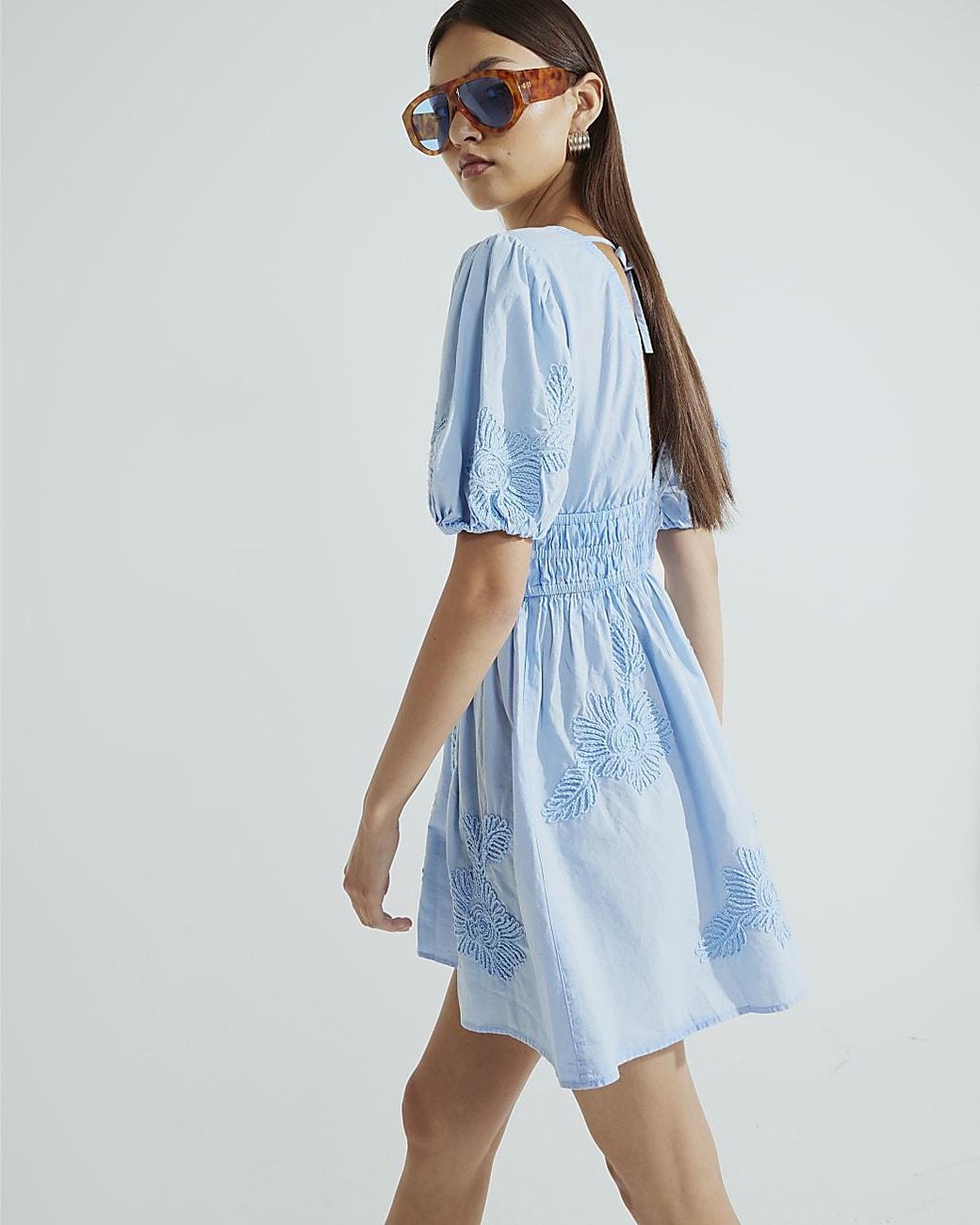 River Island Blue Mini Shift Dress Puff Sleeve Embroidered Cotton