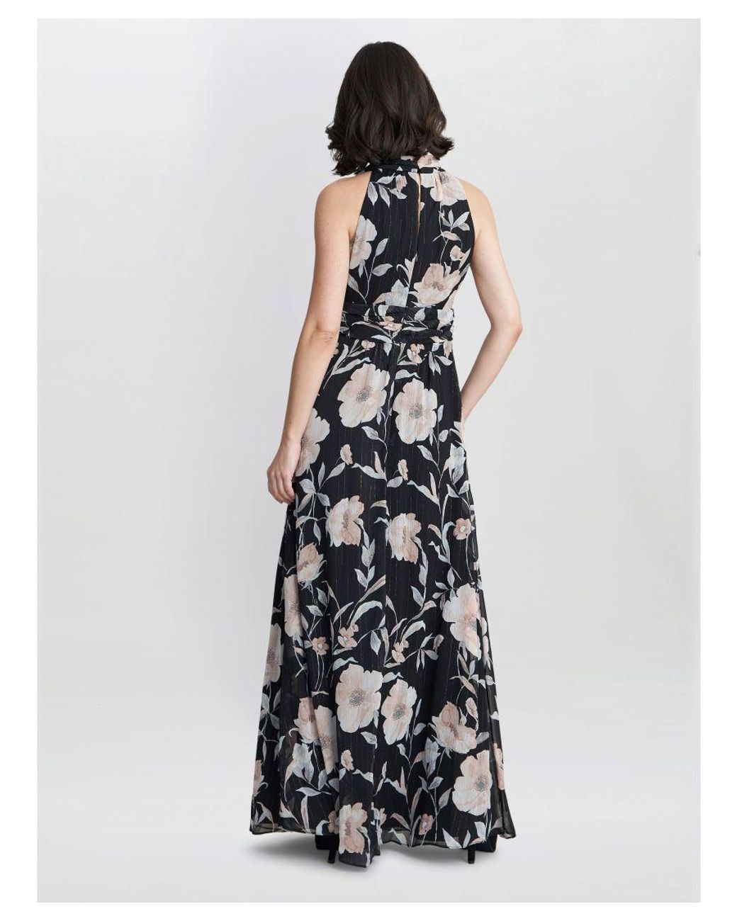 Gina Bacconi White Lexi Floral Print Tie Neck Maxi Dress