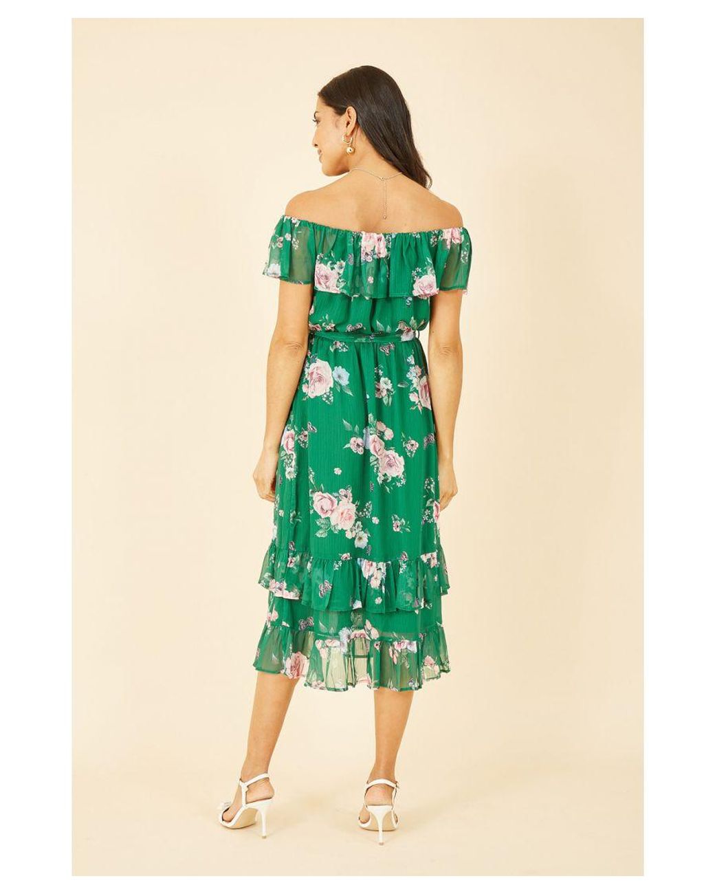 Yumi' Green Floral Bardot Midi Dress With Frill Hem