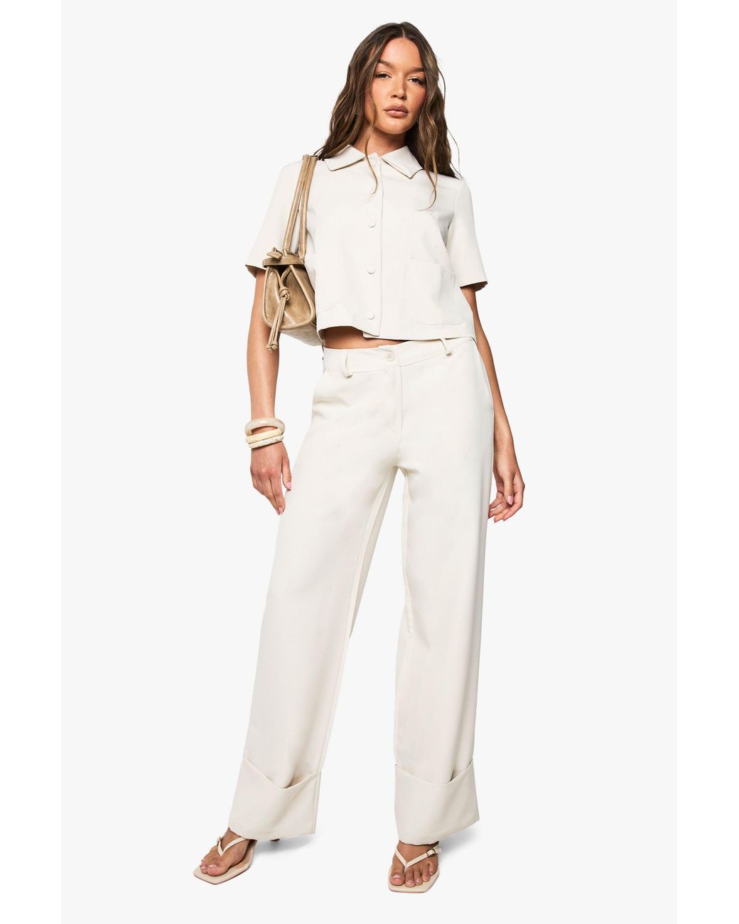 Boohoo White Woven Turn Up Wide Leg Trousers