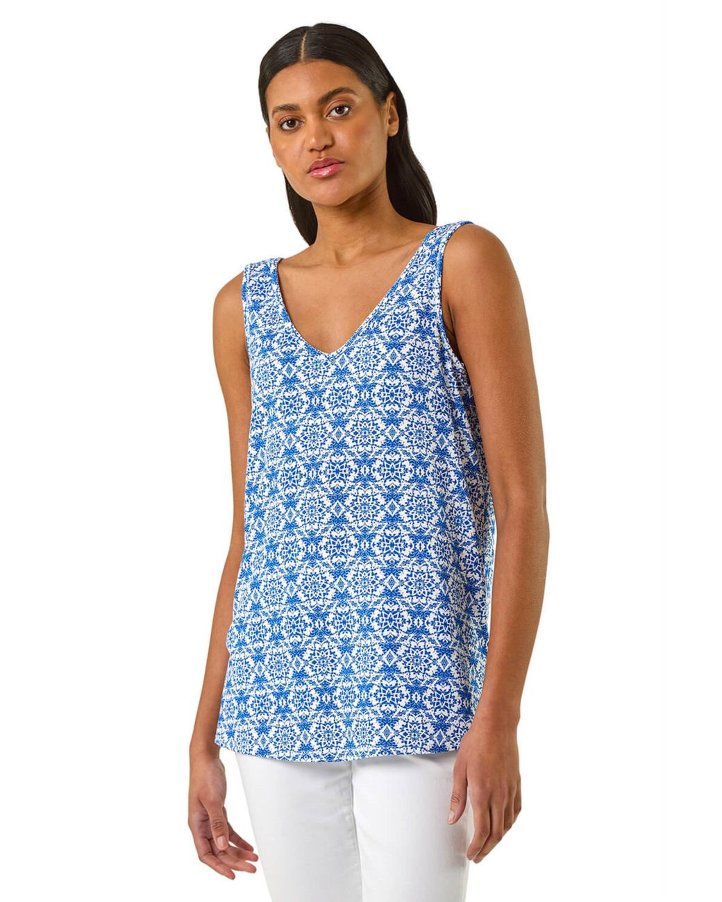 Roman Blue Floral V-Neck Stretch Cami Top