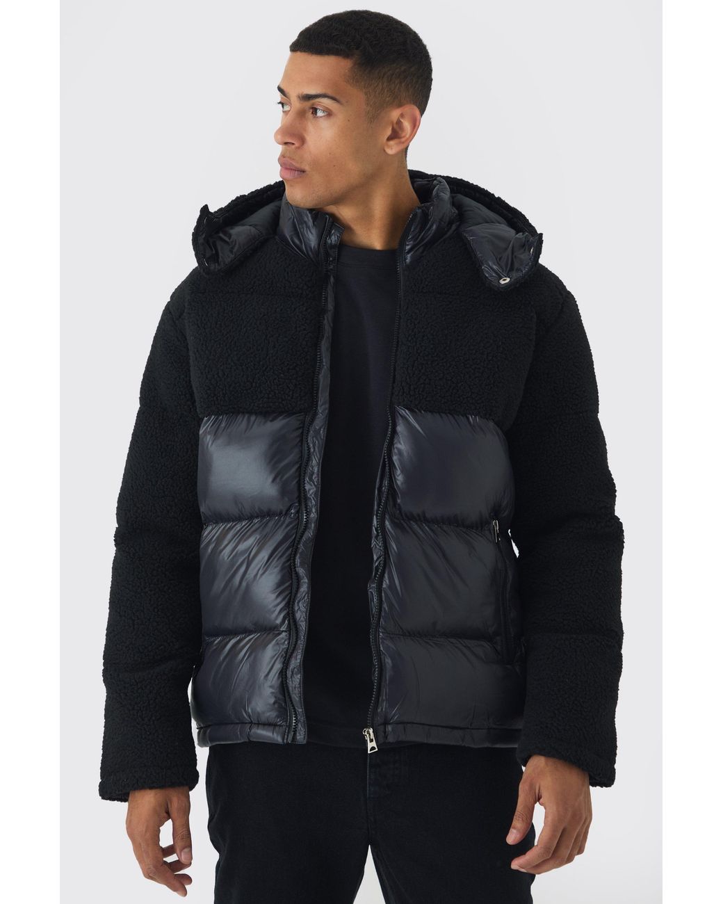 BoohooMAN Black Borg And High Shine Hooded Puffer for men