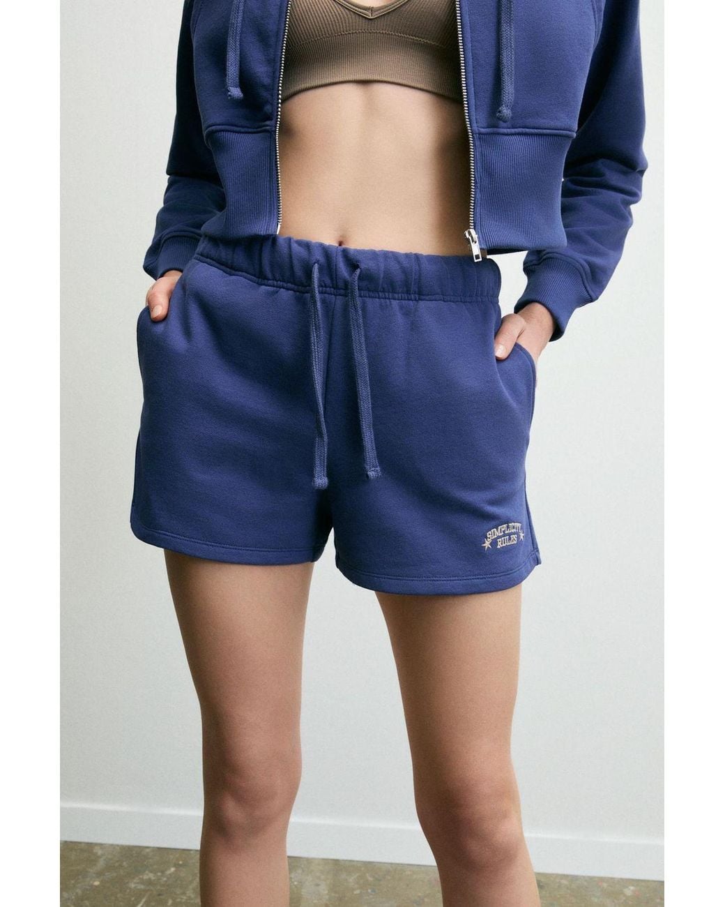 Grimelange Blue Embroidered High Waist Sweat Shorts