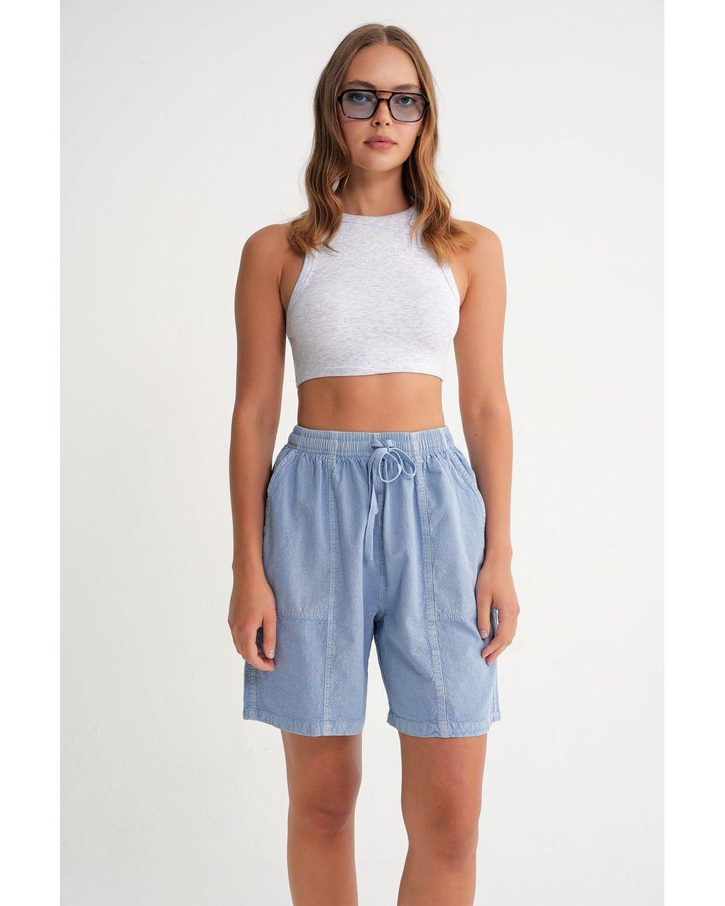 MixRay Blue High Waist Cotton Drawstring Mini Shorts