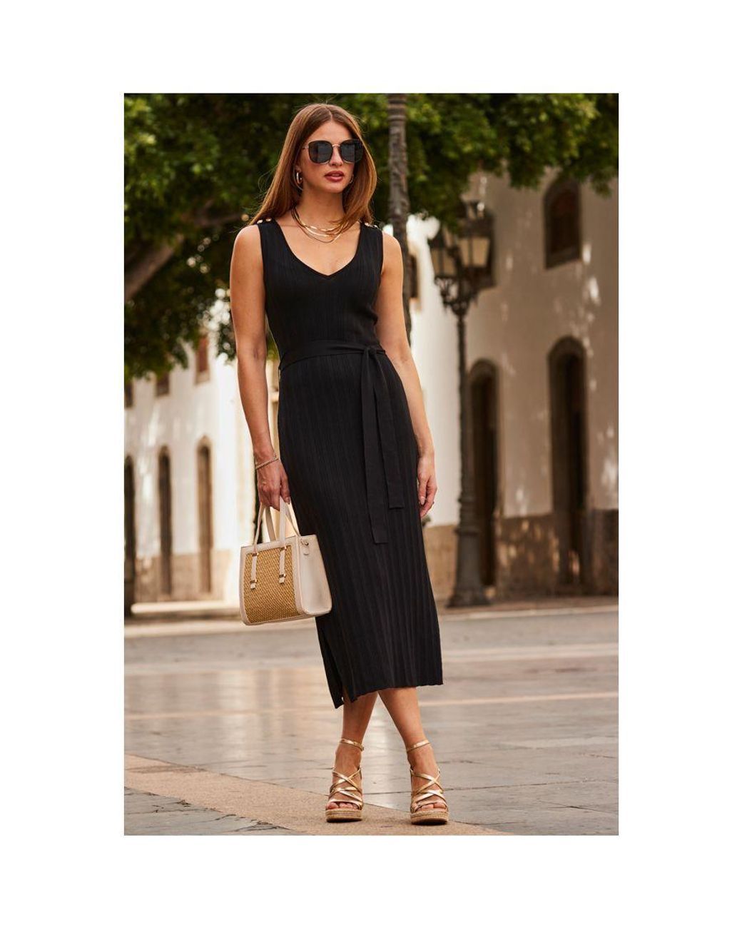 Sosandar Black Button Shoulder Detail Ribbed Midi Dress