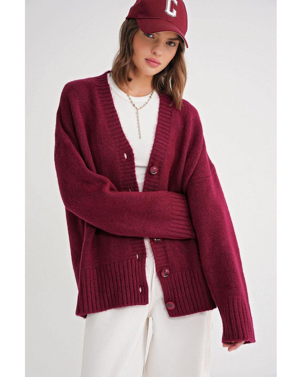 MixRay Red Buttoned V-Neck Ribbed Knit Cardigan