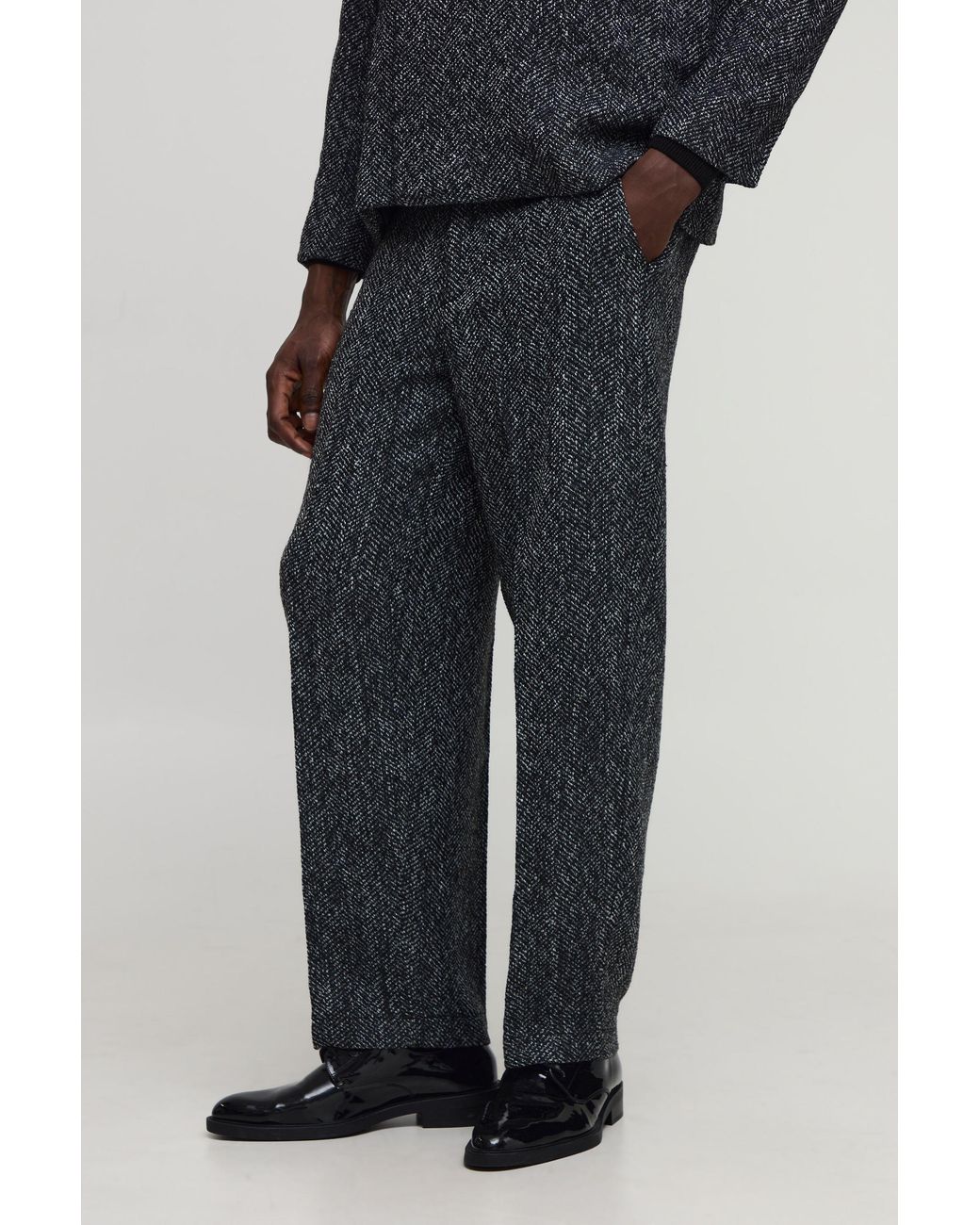 BoohooMAN Black Relaxed Fit Boucle Tailored Trouser for men