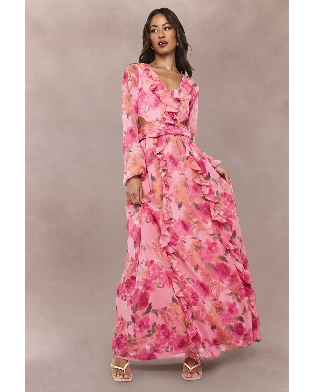 Boohoo Pink Tall Floral Chiffon Volume Sleeve Maxi Dress