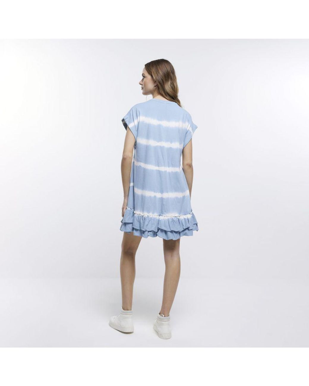 River Island Blue T-Shirt Mini Dress Stripe Frill Cotton
