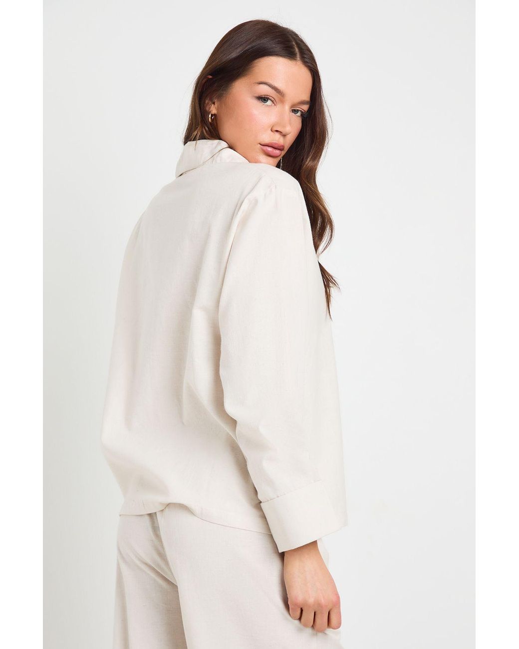 Boohoo White Linen Mix Relaxed Fit Long Sleeve Shirt