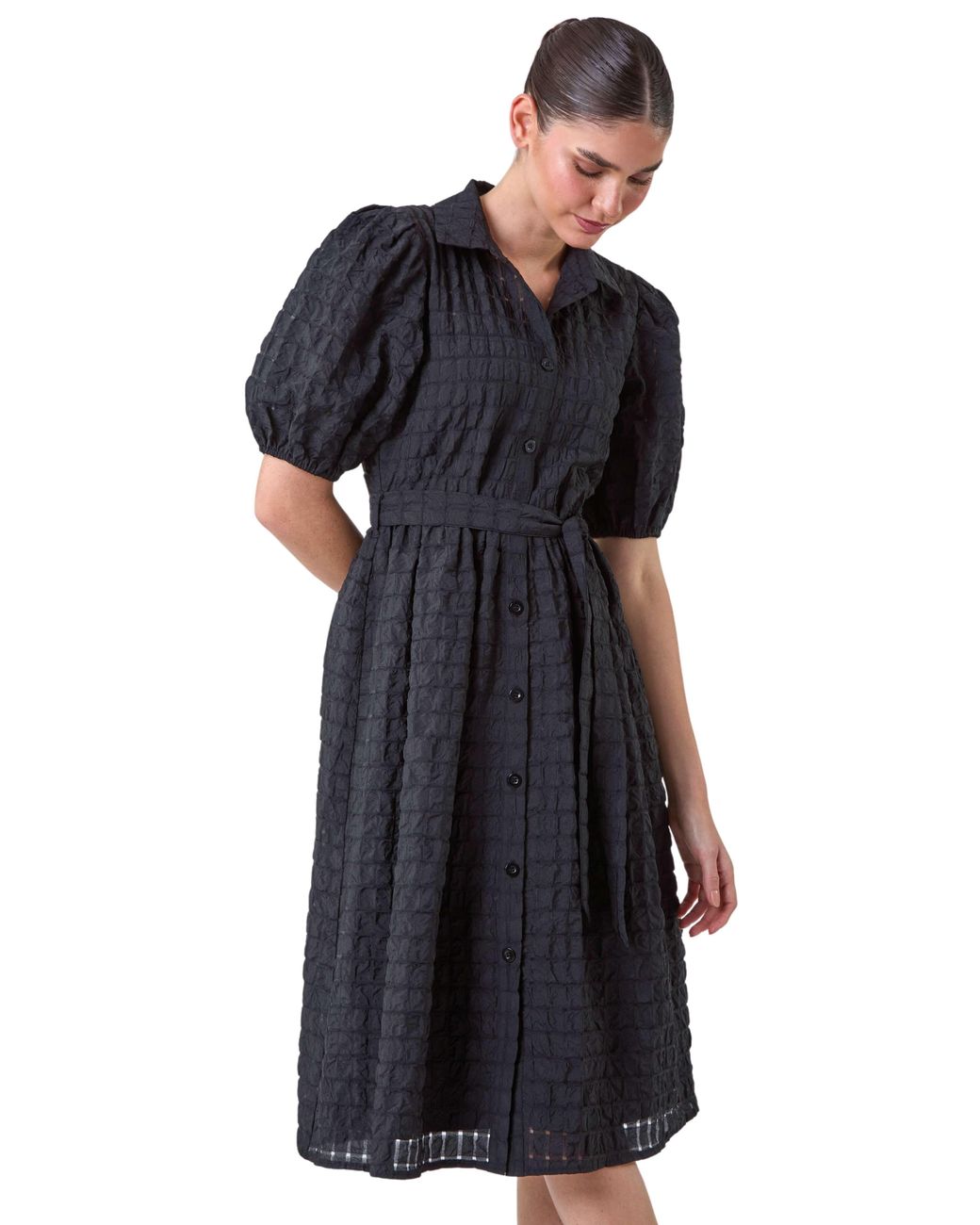 Roman Black Textured Puff Sleeve Midi Shirt Dress