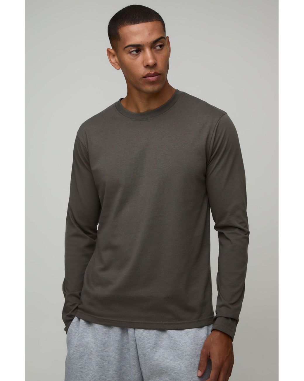 BoohooMAN Gray Essential Regular Fit Long Sleeve T-Shirt for men