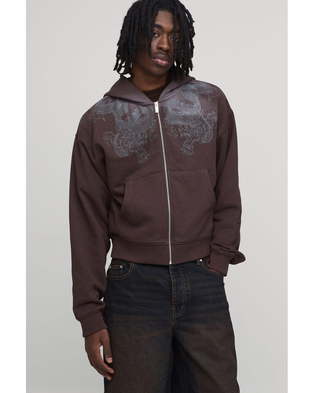 BoohooMAN Brown Shrunken Fit Dragon Graphic Washed Zip Through Hoodie for men