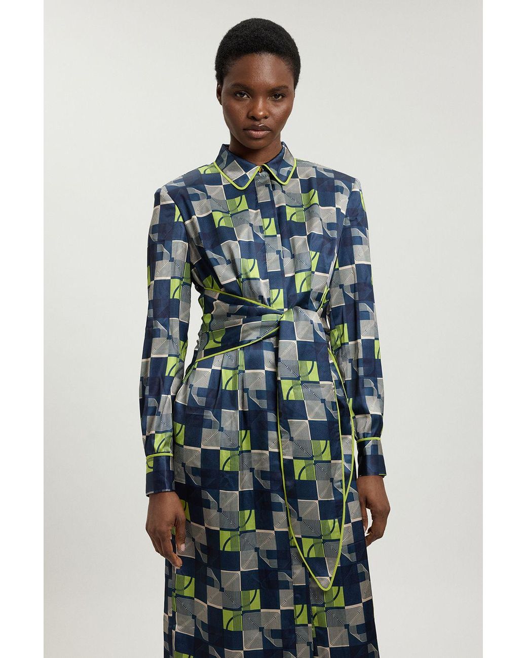 Karen Millen Green Petite Geo Print Hammered Satin Tie Waist Woven Midi Dress