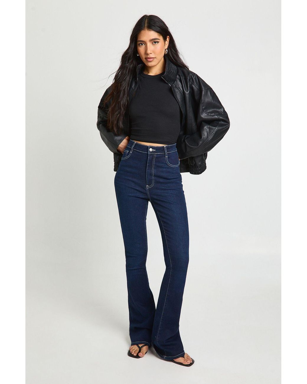 Boohoo Blue Tall High Waist Booty Lifting Flared Jean