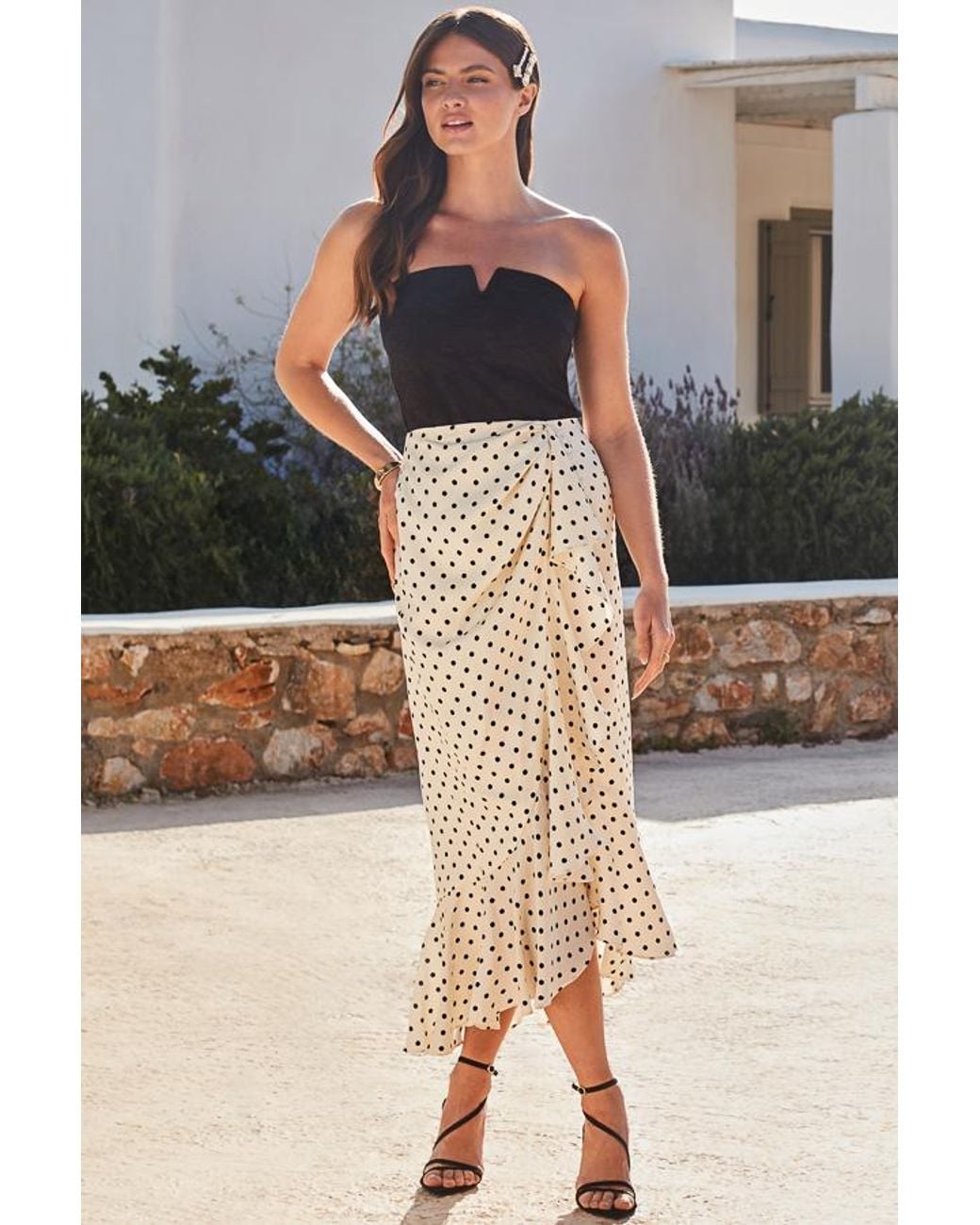 Sosandar White Petite Spot Print Satin Ruffle Hem Midi Skirt