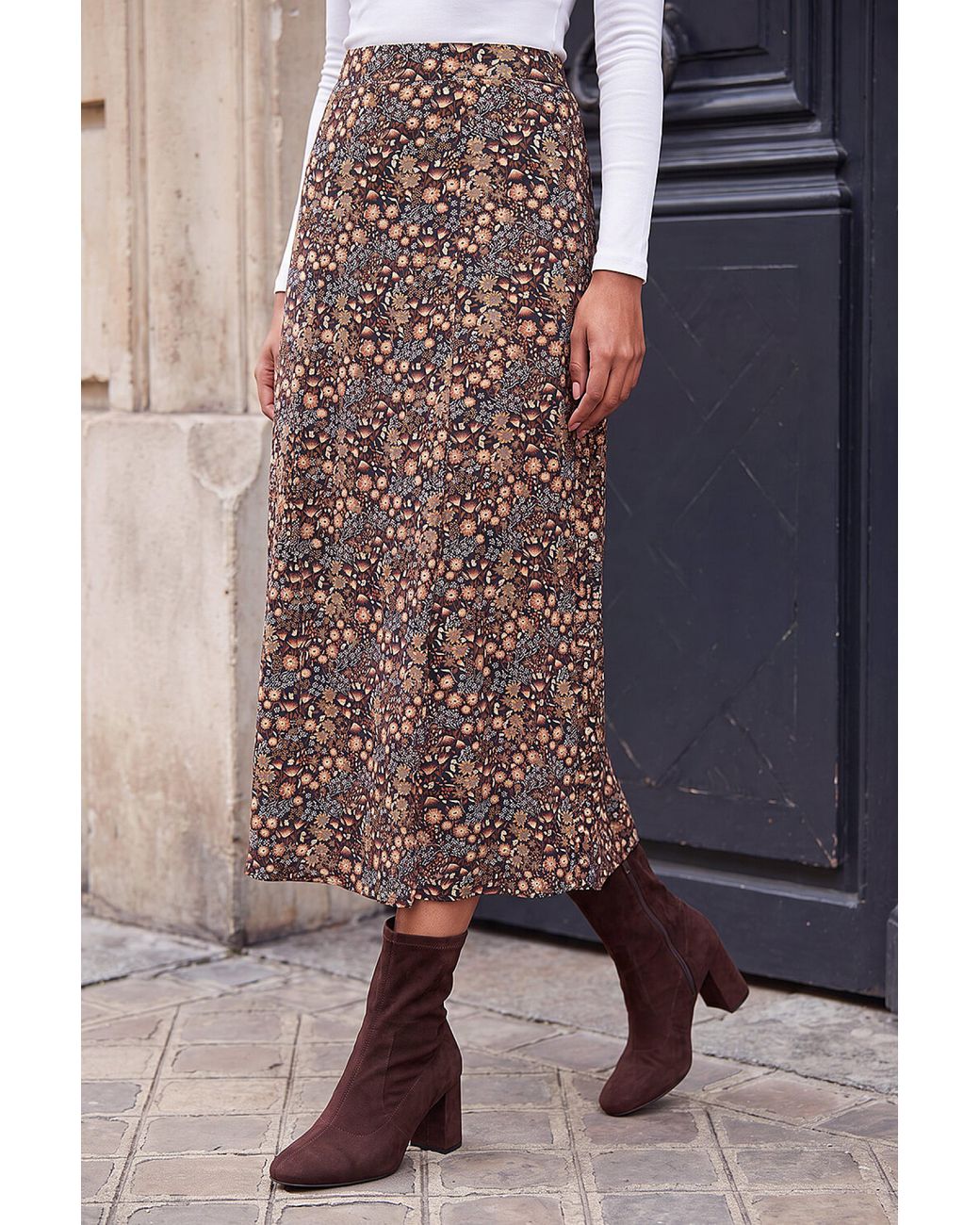 Roman Brown Woodland Floral Print Skirt