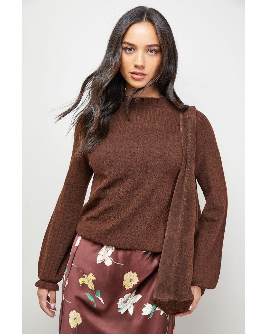 Oasis Brown Ruffle Cuff And Collar Jumper