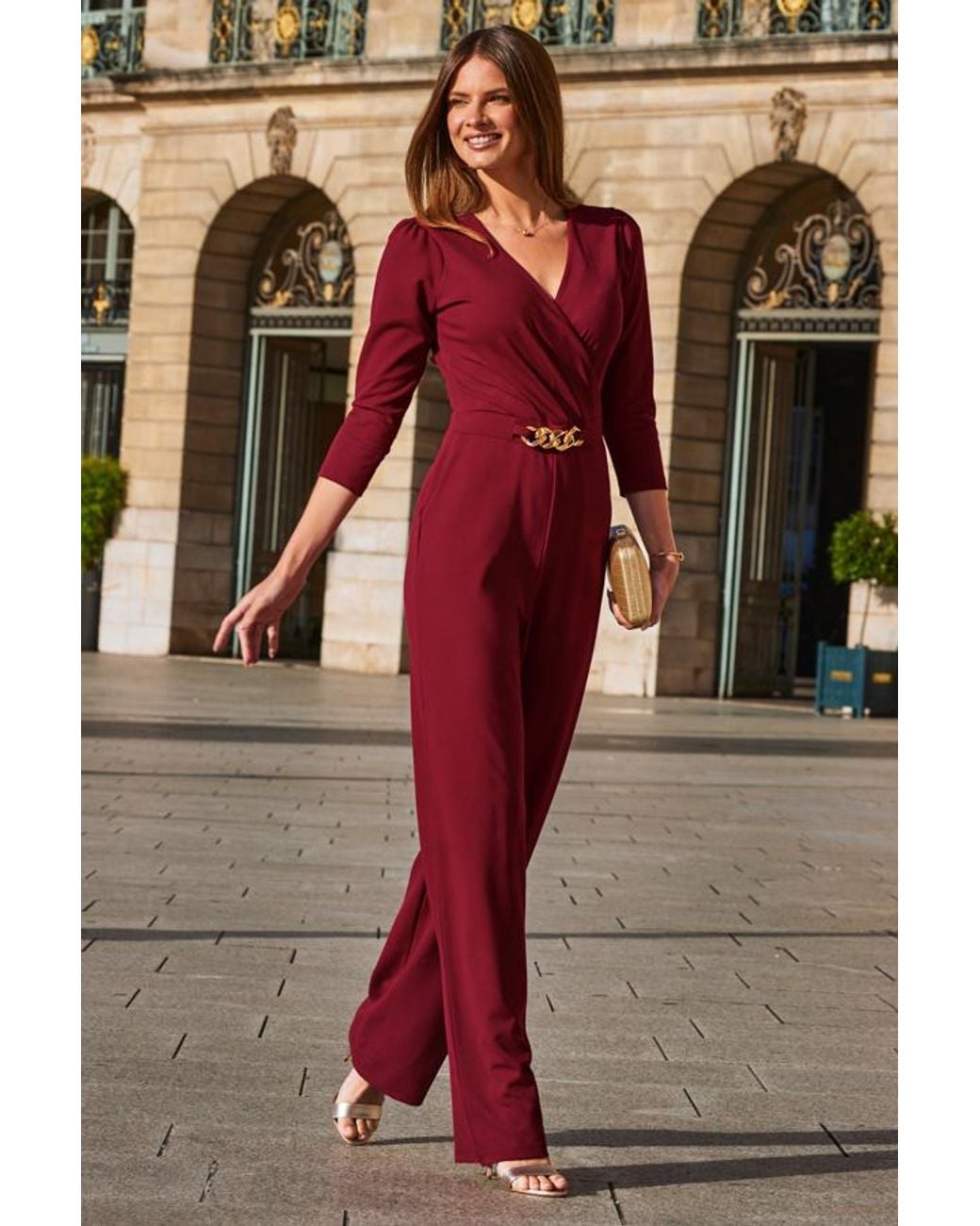 Sosandar Purple Burgundy Faux Wrap Chain Detail Wide Leg Jumpsuit