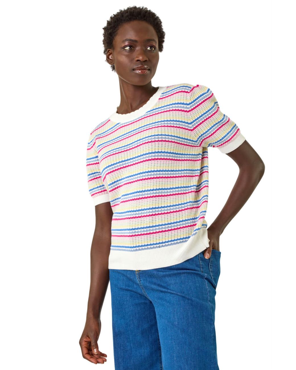 Roman Blue Scallop Edge Stripe Knit Top