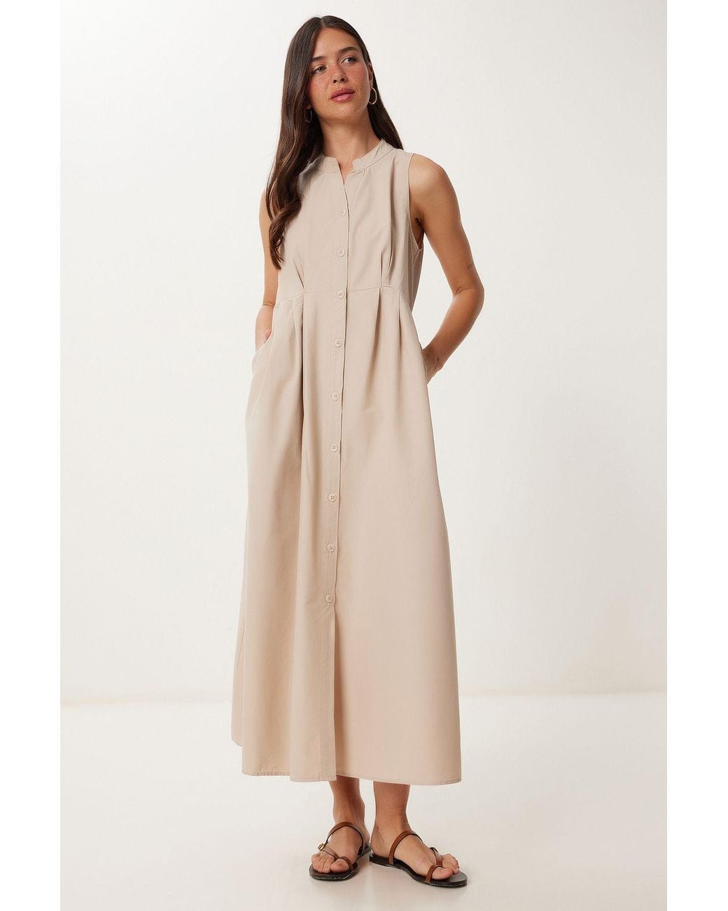 Happiness İstanbul Natural Mandarin Collar Sleeveless A-Line Midi Dress