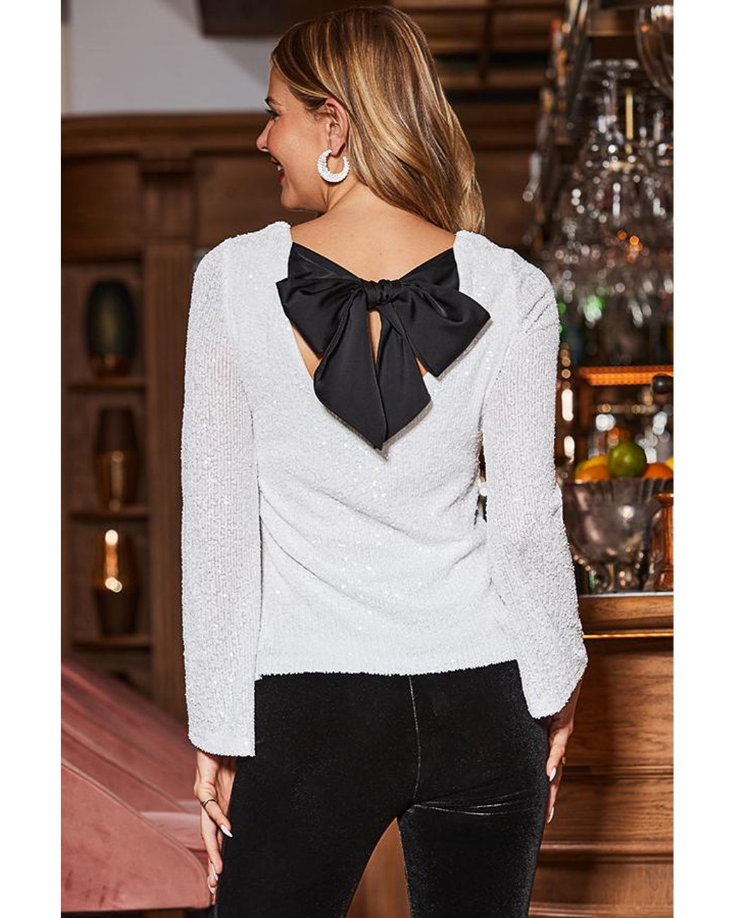 Sosandar White Winter Sequin Top With Bow Detail