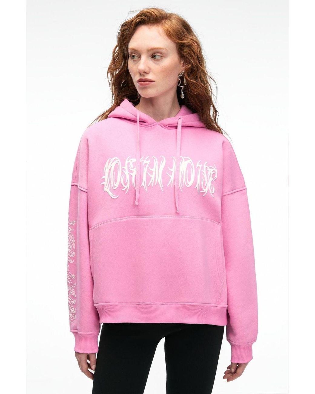 Grimelange Pink Oversized Hooded Printed Sweatshirt
