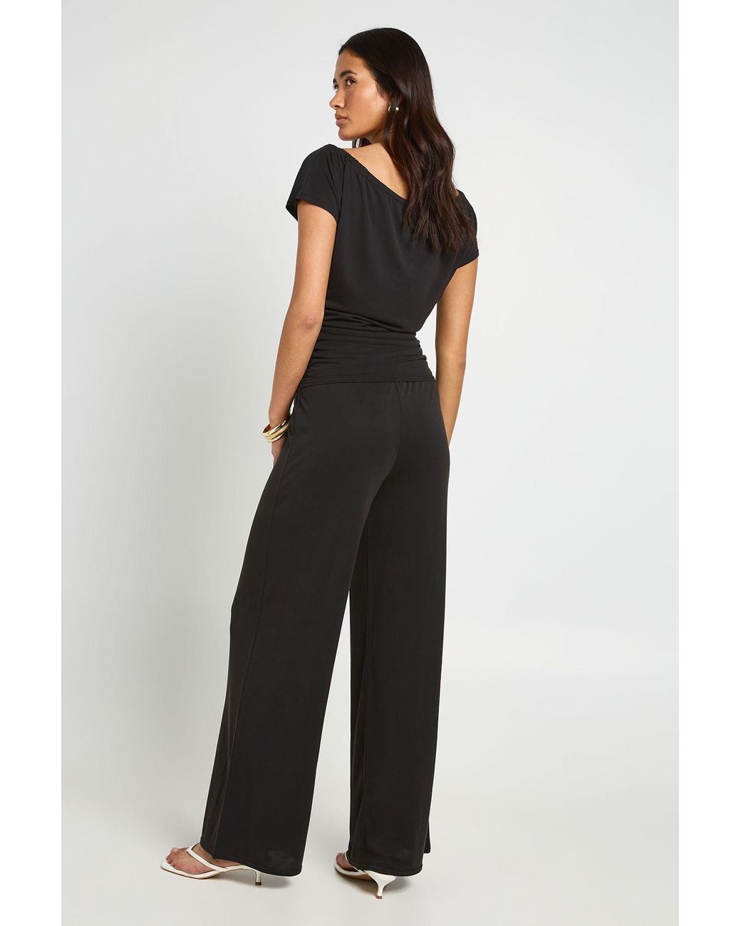 Boohoo Black Modal Tie Keyhole Top Wide Leg Trouser Co Ord
