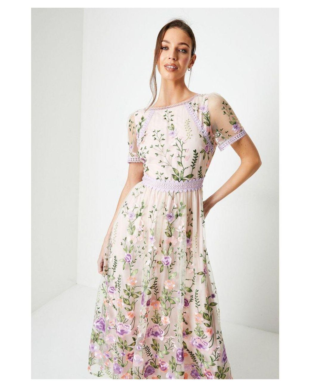 Coast Lace Trim Detail Embroidered Mesh Midi Dress in White Lyst UK