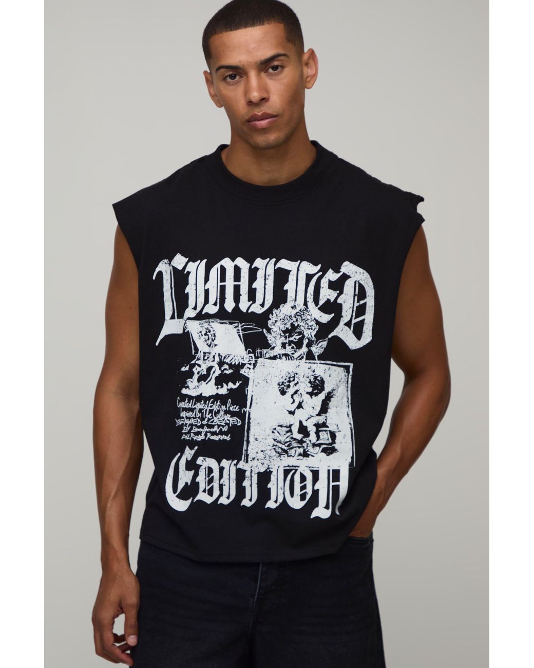 BoohooMAN Black Oversized Boxy Renaissance Print Tank Cotton for men