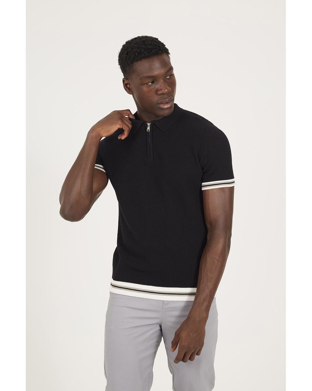 Brave Soul Black Zip Neck Knitted Polo With Contract Trim for men