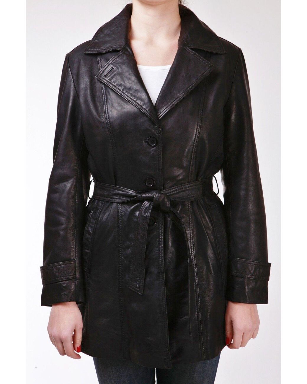 Infinity Leather Black 3/4 Length Tie Belt Trench Coat-Oldbury