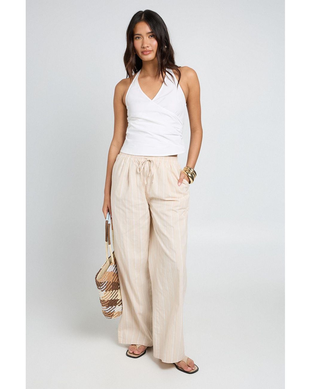 Boohoo Natural Tonal Stripe Linen Look Relaxed Fit Wide Leg Trousers