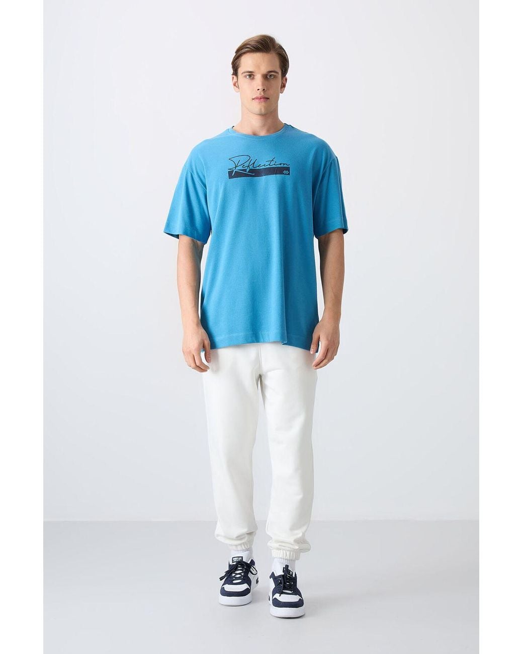 TOMMY LIFE Blue Oversized Printed Cotton-Blend T-Shirt for men