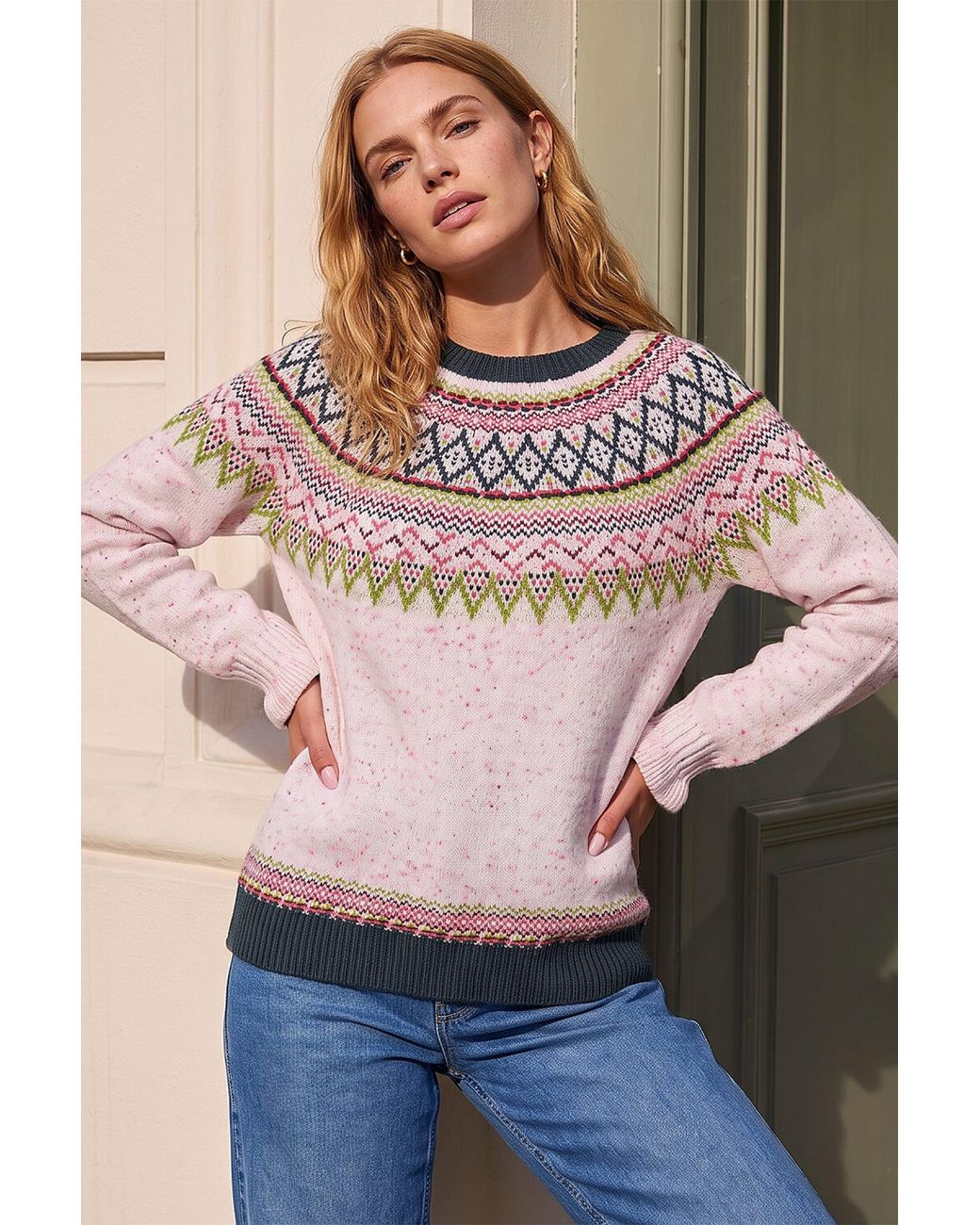 Roman Pink Fairisle Frill Detail Stretch Jumper